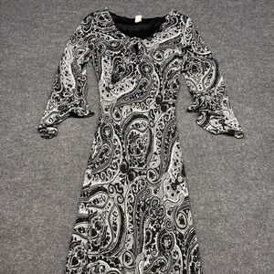 VTG Bohemian Mystique Mini Dress Small Black White Paisley Long Flare Sleeves